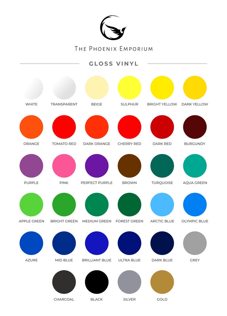 Puede incluir: Una tabla de colores que muestra 24 colores diferentes de vinilo brillante. Los colores est&aacute;n dispuestos en filas y columnas, con los nombres de cada color impresos debajo del c&iacute;rculo correspondiente.