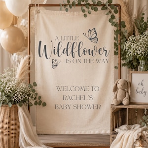 Wildflower Baby Shower Iron On Transfer | Personalised Fabric Banner HTV Vinyl | Custom Welcome Sign Decal for Linen Event Backdrops