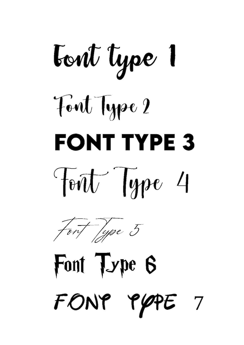 May include: A collection of seven different font styles, each with a unique design and character. The fonts range from casual script to bold and blocky.