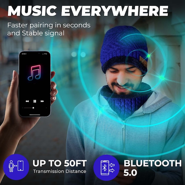 Wireless Bluetooth 5.0 Headset Beanie Hat Music Headphones Earphone Cap and Scarf for Men Women Teens - Warm Soft Smart Hat - Blue Set