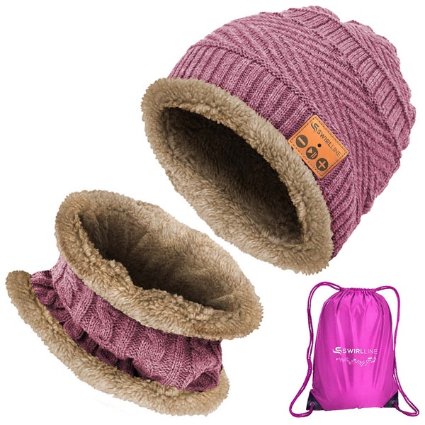 Wireless Bluetooth Beanie Hat Music Headphones Earphone Warm Cap and Scarf Pink Set - Smart Bluetooth Hat for Women