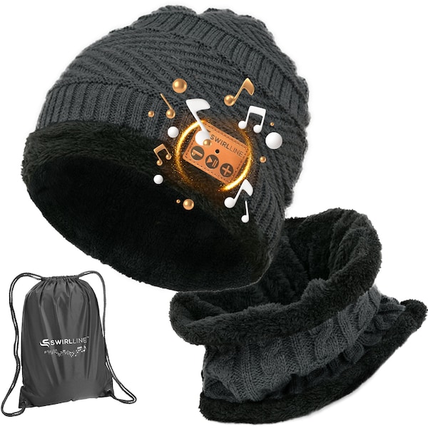 Bluetooth Beanie Wireless Hat with Scarf – Dark Gray Headphone Beanie Hat with Bluetooth 5.0 - Wireless Beanie Bluetooth Hat - Music Hat