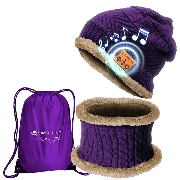 Soft Warm Beanie Hat Bluetooth Wireless Headphone Smart Cap - Purple Beanie Hat and Scarf