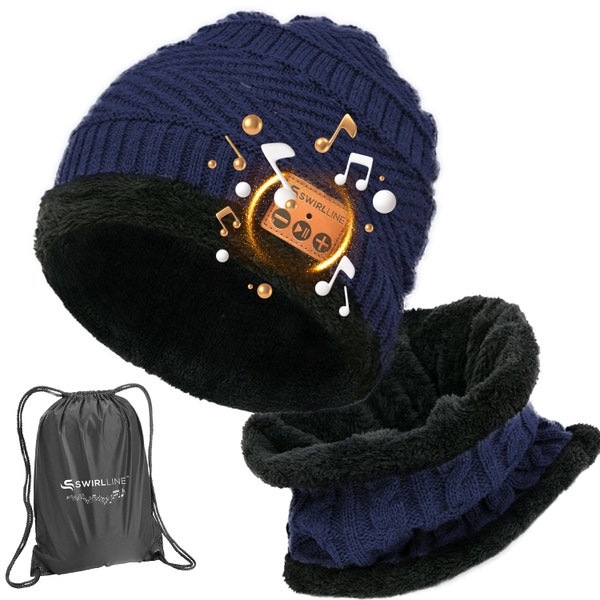 Bluetooth Beanie Wireless Hat with Scarf – Dark Blue Headphone Beanie Hat with Upgraded Bluetooth 5.0 - Wireless Beanie Bluetooth Hat Music