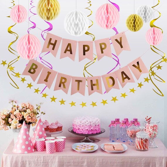 LITAUS, Birthday Decorations, NO DIY - Pack of 20 | Colorful Happy Birthday  Banner, Honeycomb Balls, Swirls, Garland | Happy Birthday Decorations 
