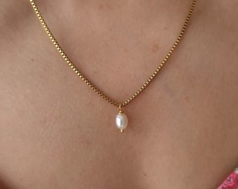 Perlenkette 18k vergoldet Edelstahl wasserdichte Halskette Minimal Box Kette Süßwasserperle einfache Halskette für jeden Tag