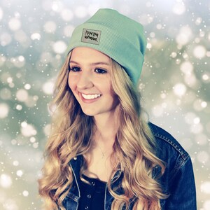 Hipster Beanie - SEA GREEN - from small to large - individually embroidered patch - personalisable