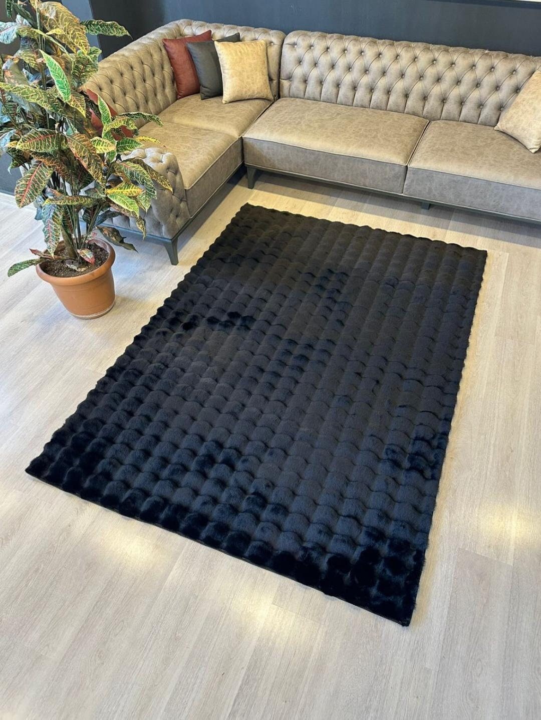 Black Luxury Plush Soft Area Rug Bubble Rug Fleece Elegant Faux Rabbit Fur Design, Softest