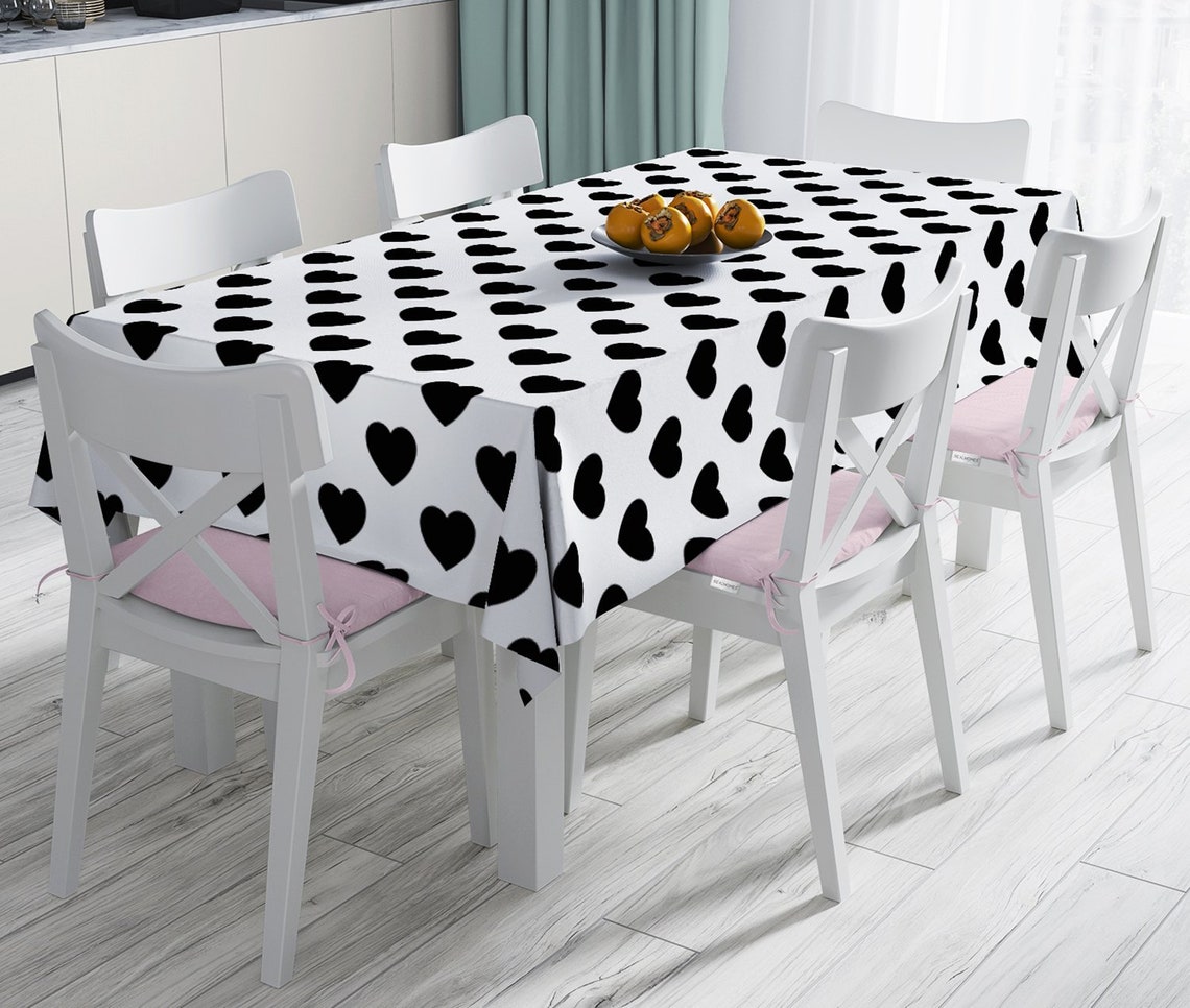 Black White Heart Tablecloth Love Rectangle Table Cover 55x70 Etsy
