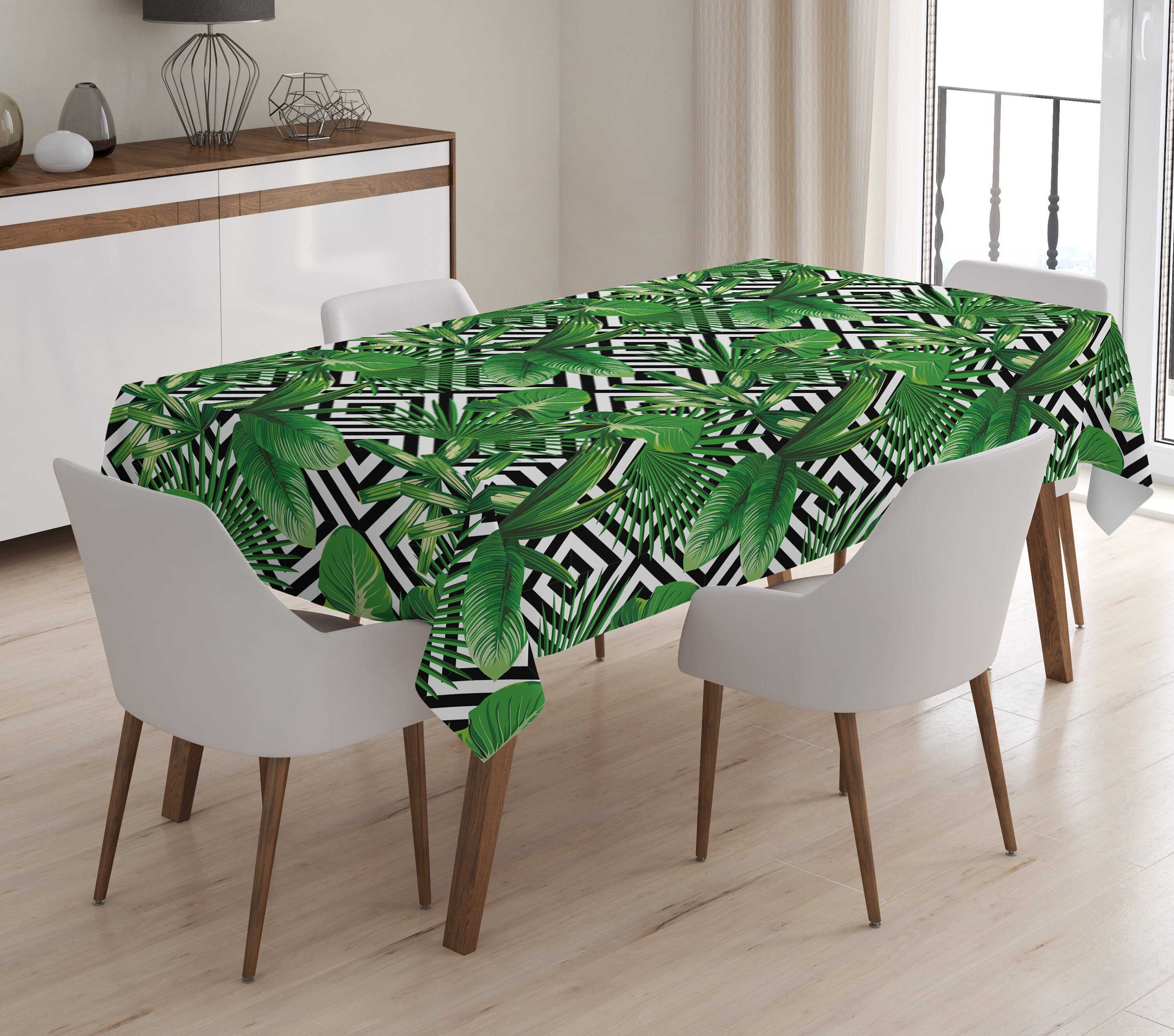 Green Leaf Tablecloth Black and White Rectangle Table Cover Etsy