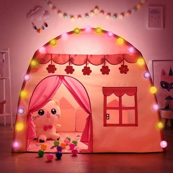 Montessori Tent for kids, Scandi Natural Teepee, Play House Teepee, Playhouse Kids Tent, Scandi Nordic playhouse,with Led Lighting Pink Tent