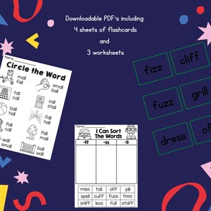 May include: Educational printable PDF with worksheets and flashcards for learning. The image shows a "Circle the Word" worksheet, a "I Can Sort The Words" worksheet, and flashcards with words like "fizz", "cliff", "fuzz", "grill", "dress", and "off".