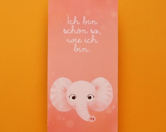Bookmark "I am beautiful", affirmation for children, cute pink elephant, gift for children, encouragement bookmark, self-love illustration