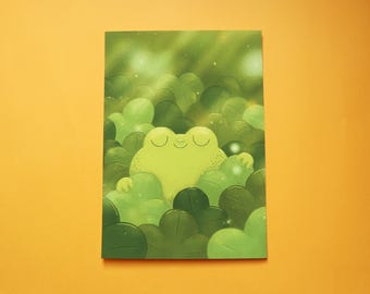 Frog in Clover Art Print, High-Quality Print of a Frog in Clover, Green Lucky Wall Decor, A4 Clover Print, Green Frog Poster, Lucky Charm