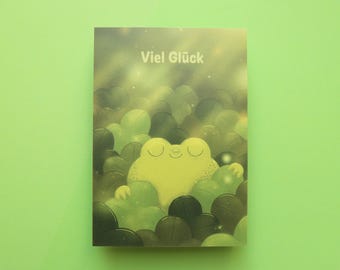 Frog postcard, green frog card, clover postcard, green postcard, lucky postcard, hand-drawn illustration, lucky charm, green