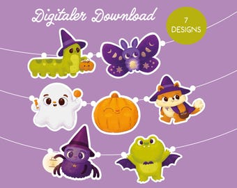 Halloween Garland Digital Download, DIY Halloween Decoration with 7 Cute Designs: Frog, Fox, Ghost & More, Printable Craft Decoration