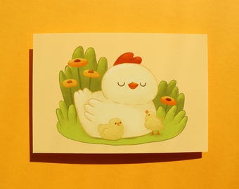 Postcard of a hen with chicks, Easter greeting, Easter postcard, hen illustration, mother hen, cute chicks, adorable spring motif, cute animal card
