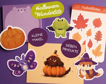Halloween surprise bag, surprise bag with stickers, notepad & postcard, B-grade set with stickers, frog, pumpkin, cat, fox, spider