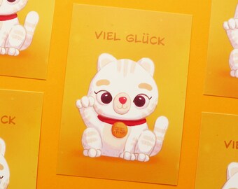 Cat postcard, waving cat card, white cat postcard, cat card, cute animal postcard, lucky charm, love & friendship