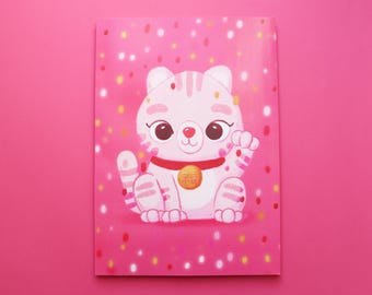 A4 poster of a pink waving cat, lucky charm wall art, love & harmony, Maneki Neko illustration, positive wall decor, cat poster