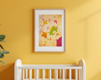 Cute Green Dragon Poster, Cheerful Dragon Illustration for Children's Room, Colorful Dragons in the Sky, Playful Wall Art for Kids, A4 Poster