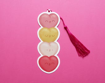 Heart-shaped bookmarks with faces, cute heart illustrations, bookmarks with tassels, book lover gift, bookworm accessories