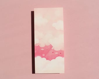 Pink bookmark with mountains and clouds, dreamy design, pink mountain motif, hand-drawn illustration, gift for book lovers