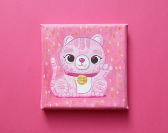 Mini canvas of a pink waving cat, Maneki Neko original acrylic, lucky charm picture, love & friendship, hand-painted, small art, pink cat