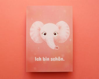 Affirmation postcard "I am beautiful", cute pink elephant, positive children's affirmation, encouragement card, self-love card, elephant card