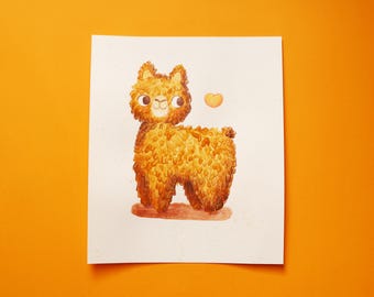 Original watercolor llama painting, cute llama illustration, hand-painted animal art, brown and beige, gift for animal lovers, unique artwork