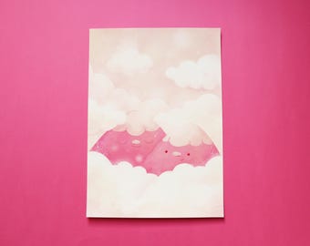 Pink Mountains Art Print, High-Quality Print Romantic Mountains, Pink Mountains Wall Decor, A4 Mountains in Clouds Print, Playful Poster