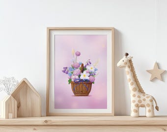 A4 poster flower basket illustration, spring image purple flowers, cute basket illustration, spring wall decor, gift for flower lovers