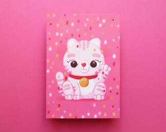 Cat postcard, waving cat card, pink cat postcard, cat card, cute animal postcard, lucky charm, love & friendship