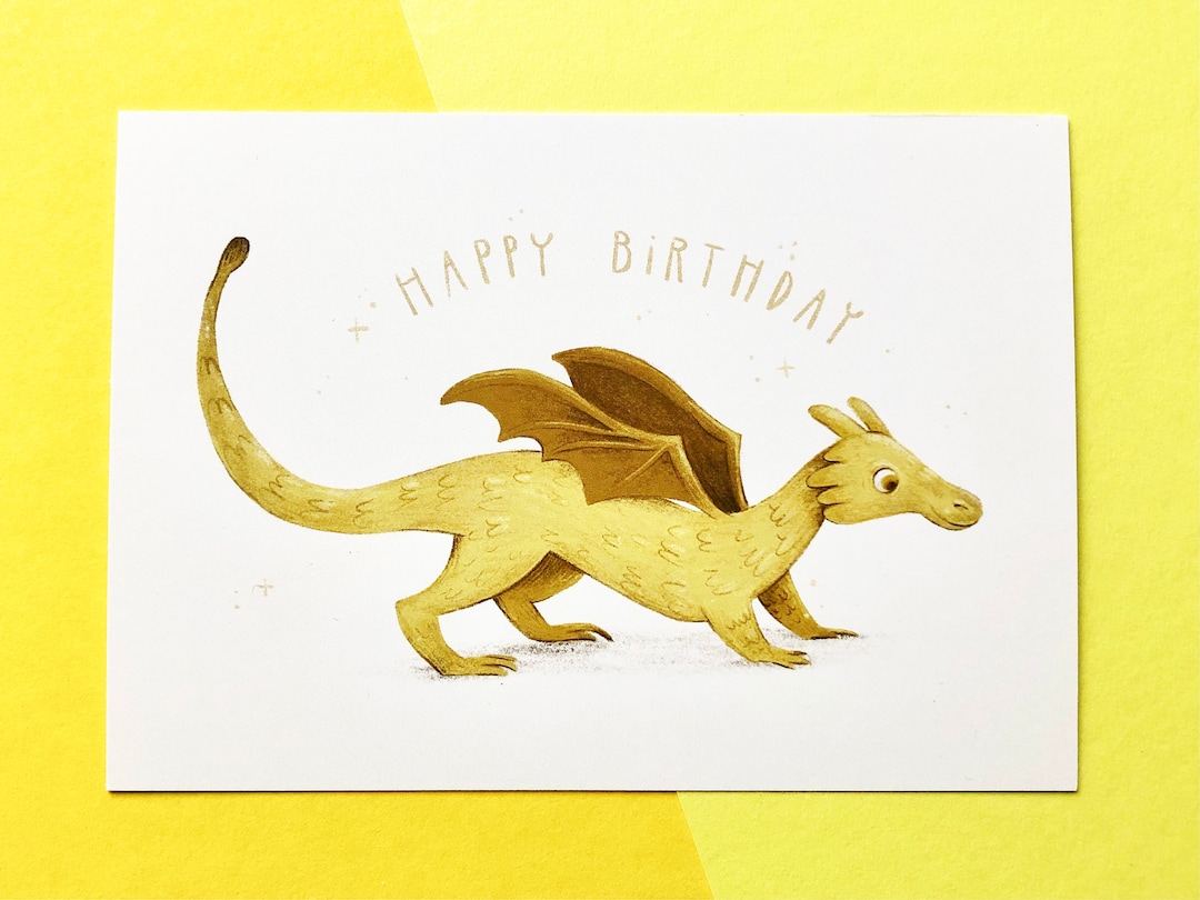 Happy Birthday Karte miT Drachen Illustration, Süße Grußkarte mit