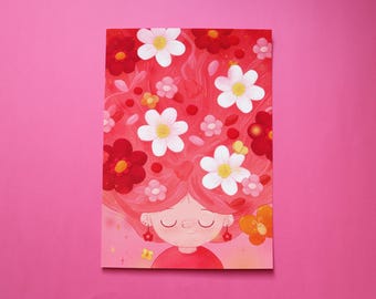 Flower Girl Art Print, High-Quality Print Flower Girl, Pink and Red Flowers Wall Decor, A4 Flower Print, Pink Flower Poster