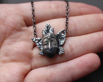 Silver Fairy in a mask (with chain) necklace elf necklace Delicate Charm, Gift for Her/Her/They