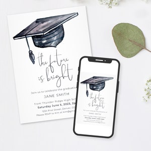 The Future is Bright - Graduation Party Invitation Template - Watercolor Graduation Cap - Instant Edit and Download