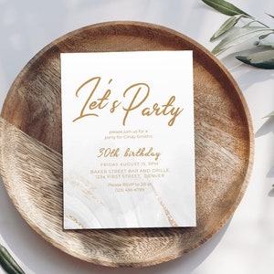 Let&#39;s Party! Marble and Gold Editable Birthday/Retirement/Housewarming Invitation Template - Instant Edit and Download