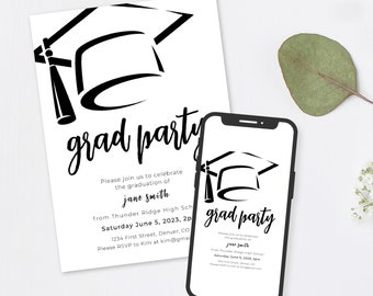 Join Us For A Grad Party - Simple and Modern Graduation Party Invitation Template with Graduation Cap Outline - Instant Edit and Download