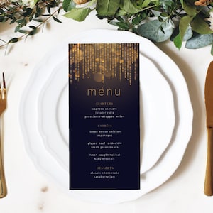 Menusjabloon blauw en goud: elegante hanglampen (directe download)