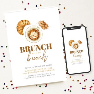 Brunch for the Bunch! Editable Brunch Party Invitation Template with Coffee, Croissant and Cookies - Instant Edit and Download