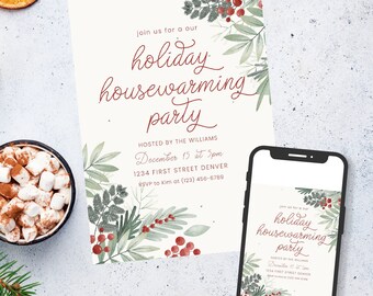Modello di invito per festa di inaugurazione della casa con verdure e bacche rosse - Modifica e download immediati