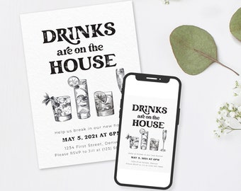 Drinks are on the House - Vintage Housewarming Template Invitation with Cocktails - Instant Edit and Download