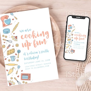 We Are Cooking Up Some Fun! Baking PartyTheme Birthday Party Invitation Template - Cookies, Mixer, Rolling Pins - Instant Edit and Download