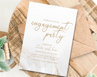 May include: A white engagement party invitation with gold lettering. The invitation reads "Please join us for an engagement party honoring Steve and Kim, Friday August 15, 5PM, Baker Street Bar and Grille, 1234 First Street, Denver. Please RSVP to Jill at (123) 456-6789."
