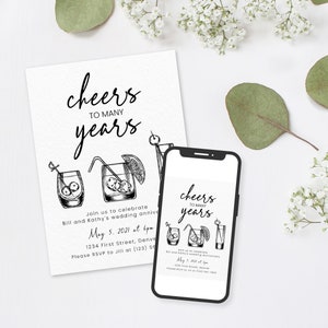 Modello di invito per la festa di anniversario di Cheers to Many Years con bevande disegnate a mano - Modifica e download immediati