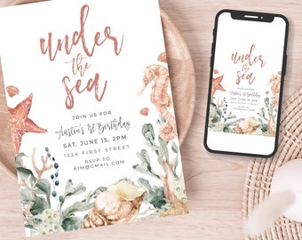 Under the Sea Theme Birthday Party Invitation Template  - Ocean, Starfish, Sand, Seahorse
