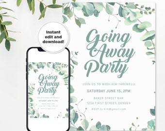 Going Away Party Invitation Template with Greens/Eucalyptus/Plants- Retirement/Change Job/Farewell - Print or text/email