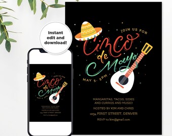 Editable and Customizable Modern Cinco De Mayo Party Invitation Template with Guitar