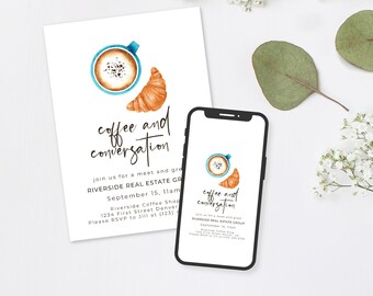 Plantilla de invitación para brunch con café y croissant (descarga digital)